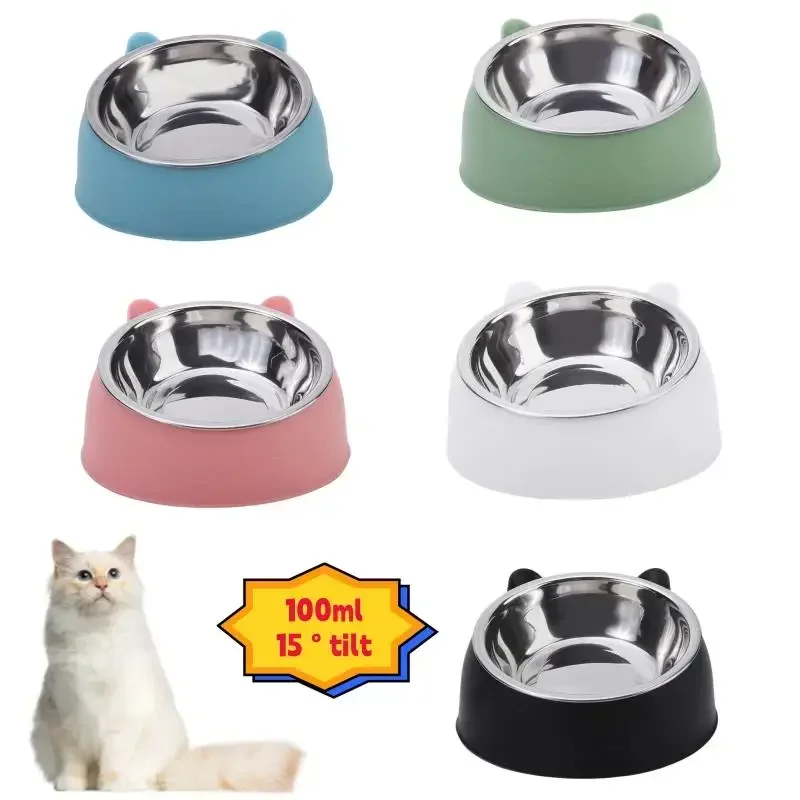 Gekippter Katzenfutternapf aus Edelstahl, Katzenohren-Design, Futterspender mit schrägem Mund, Futterspender für Tiernahrung, Wasserzubehör, Futterspender, Hundenapf, Katzenbedarf Image