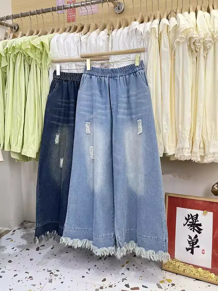 Plus Größe 5XL 140 kg Herbst Frauen Jeans Elastische Taille Loch Jeans für Frau Quaste Hosen Große größe Jeans übergroße Frauen Kleidung