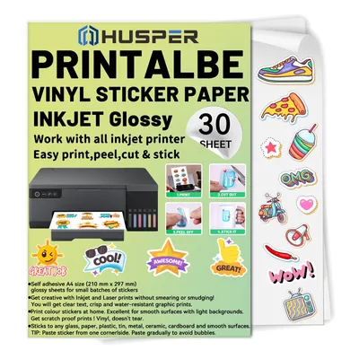30 Sheets A4(8.3"x11.7") Size - Glossy Printable Vinyl Sticker Paper for Inkjet Printer Waterproof, White Vinyl Sticker Sheets