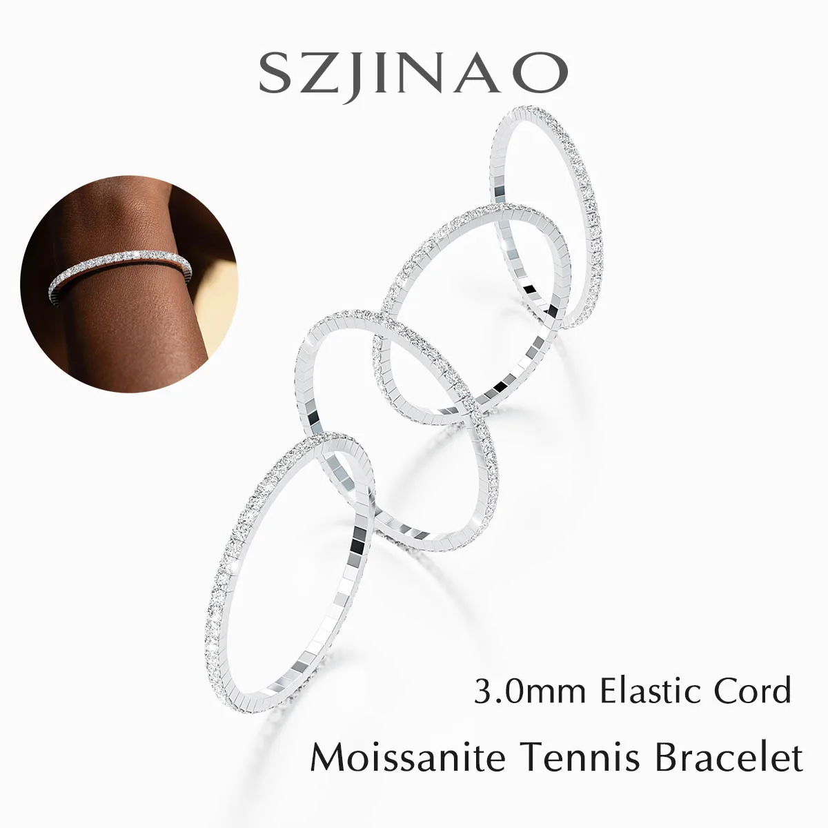 Stretch-Seil-Moissanit-Tennis-Armband für Damen und Herren, 2,5/3, mm, Brillantschliff, 925er Sterlingsilber, Handkette, Party-Schmuck, Geschenke Image