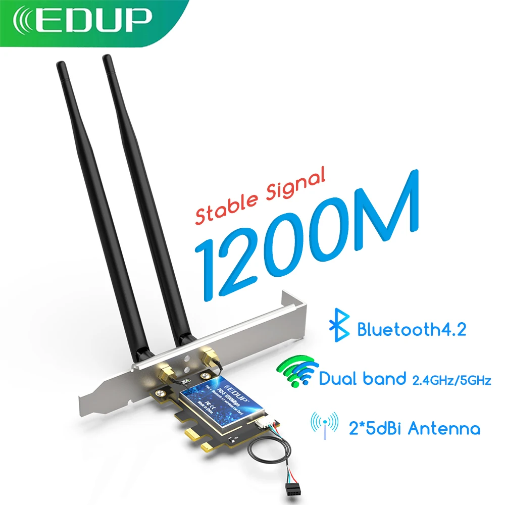 EDUP 9620 AC1200 Mbit/s WLAN mit Bluetooth 4.2 PCI Express-Adapter 2,4 GHz/5,8 GHz Wireless-Karte für PC Long Range High Speed Image