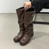 Frau Stiefel Kniehohe Plattform Chunky Heels Trend Punk Gothic New Rock Leder Mode frauen Schuhe Motorrad Schuhe