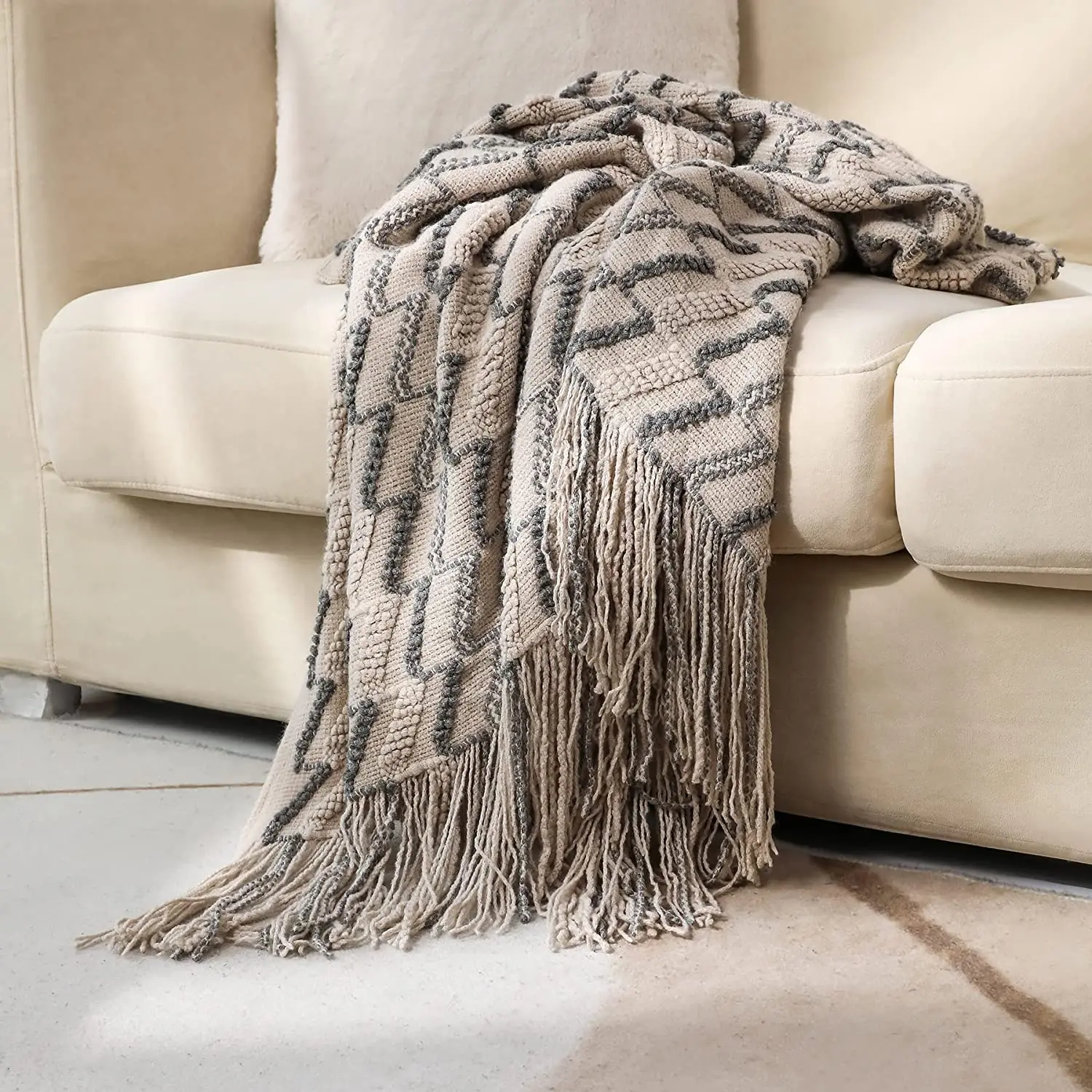 Khakifarbene Vintage-Jacquard-Strickdecke mit Quaste, weiche und gemütliche Acryl-Geschenkdecken für Heimdekoration, Bett, Sofa, Reisen Image
