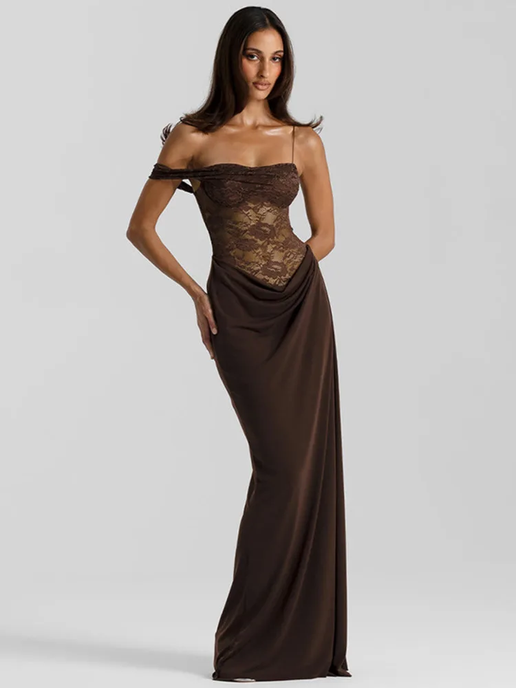 Mozision Abito lungo sexy in pizzo con una spalla trasparente Abito da donna Abiti lunghi da club senza maniche con spalle scoperte