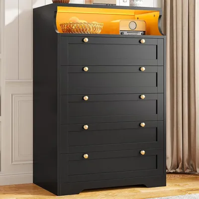Black Dresser with 5 Drawers for Bedroom,Tall Dresser with LED Lights and 2 Shelves,Dressers & Chests of Drawers for Hallway