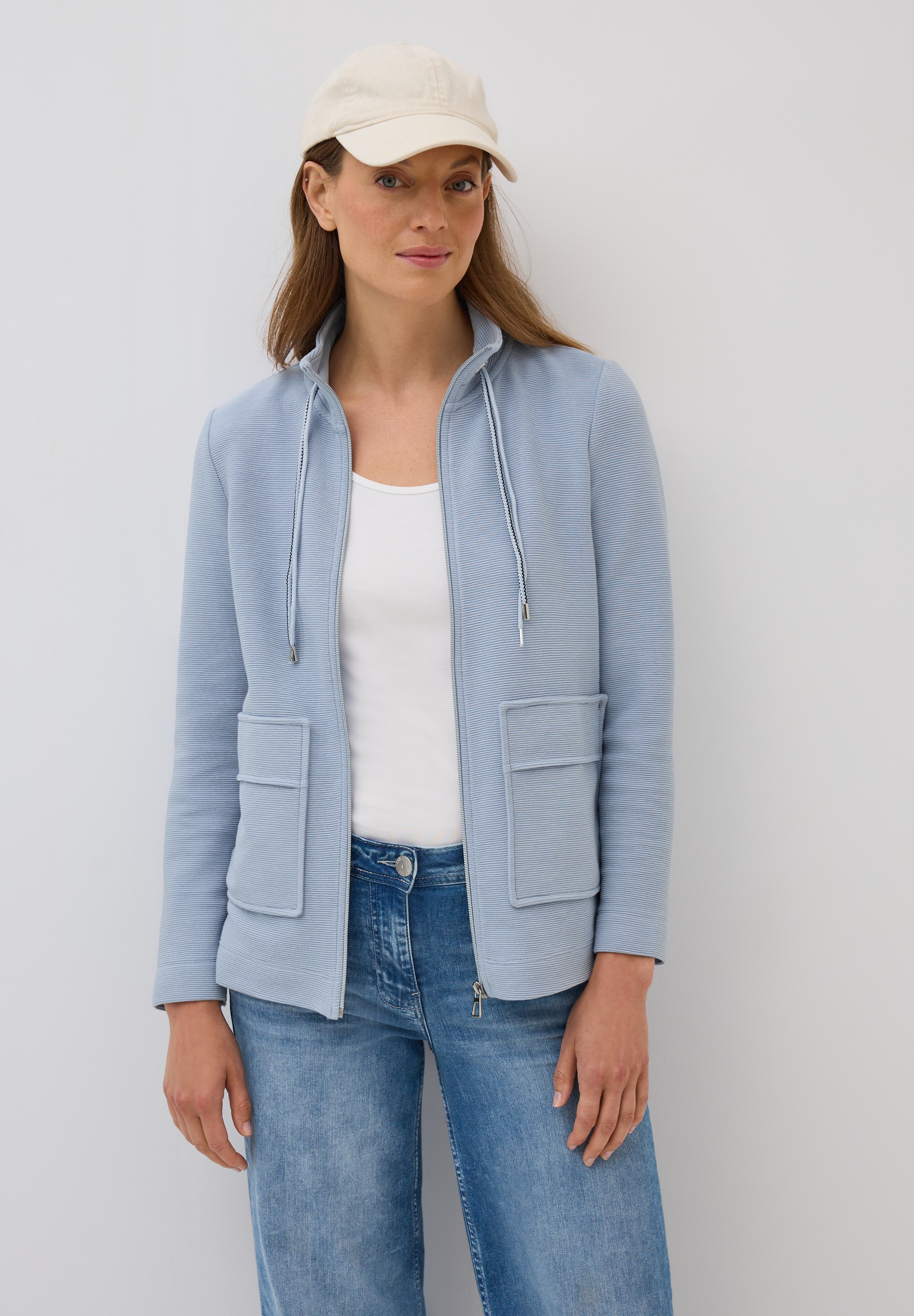 Cardigan CECIL, Damen, Gr. XL (44), blau (mountain blau), Web, 77% Baumwolle, 20% Polyester, 3% Elasthan, unifarben, normal normal, hoch geschlossener Ausschnitt, abgesteppt, Strickjacken, aus Baumwolle mit Stretchanteil