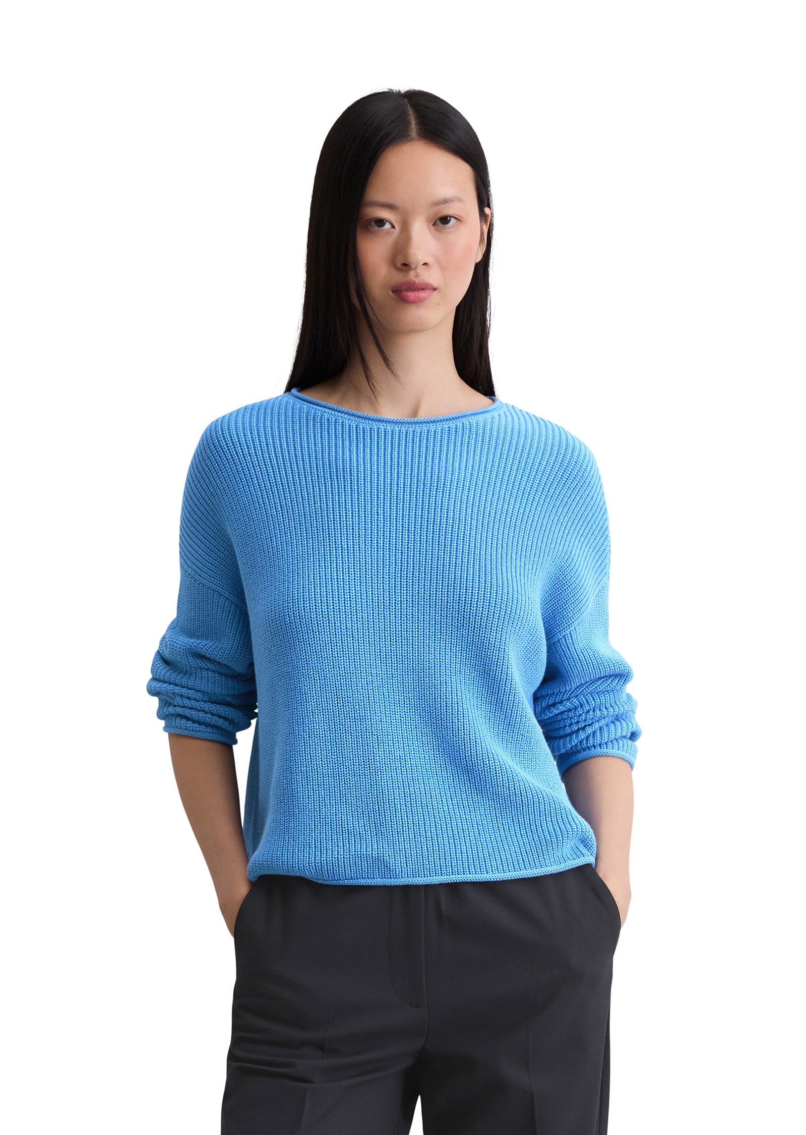 Strickpullover MARC O'POLO "aus Heavy-Weight-Organic-Cotton", Damen, Gr. L, blau (cloudless blau), Obermaterial: 100% Baumwolle, unifarben, Casual, U-Boot-Ausschnitt, Pullover