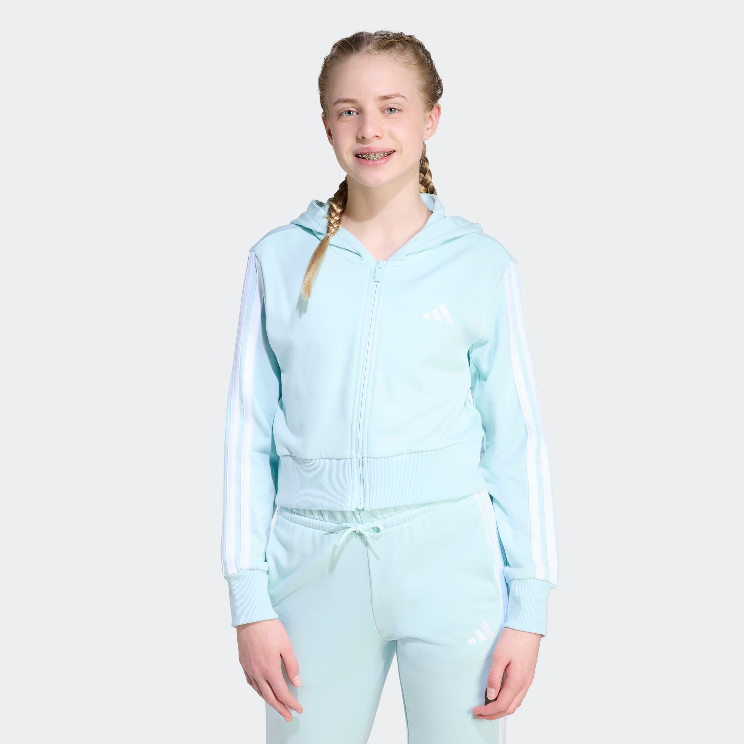 Kapuzensweatshirt ADIDAS SPORTSWEAR "JG 3S FT FZ CRO", Kinder, Gr. 128, grün (halo mint, weiß), Obermaterial: 70% Baumwolle, 30% Polyester, Sweatshirts Image
