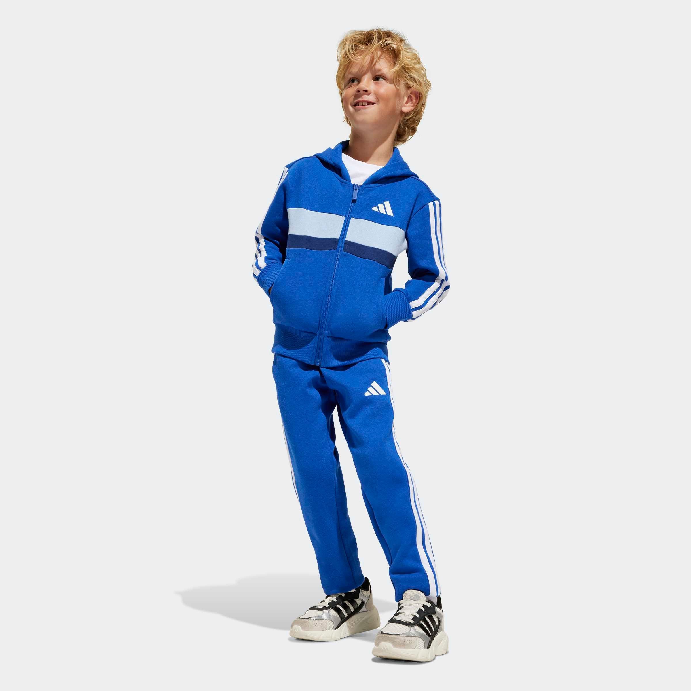 Trainingsanzug ADIDAS SPORTSWEAR "LK 3S TIB FL TS", Kinder, Gr. 128, blau (royal blau, weiß, glow blau), Obermaterial: 70% Baumwolle, 30% Polyester, Sportanzüge Image