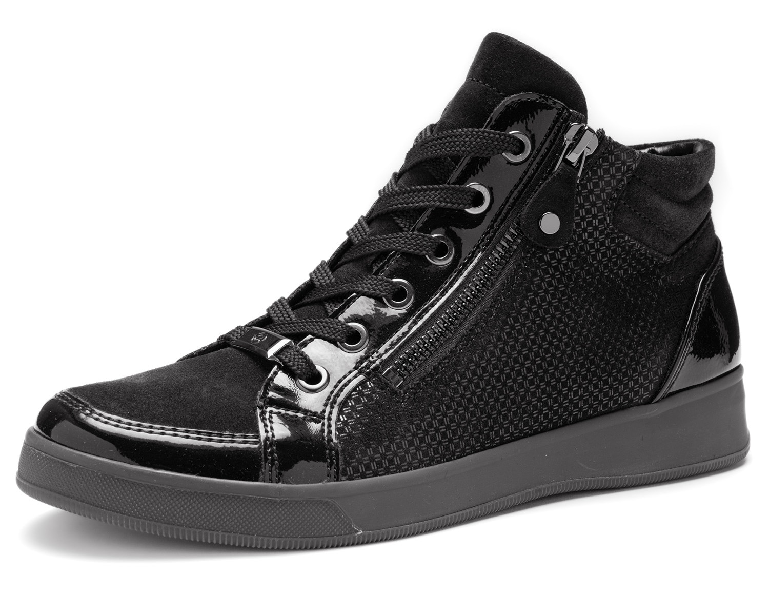 Sneakerboots ARA "ROM", Damen, Gr. 7,5 (41), schwarz, Glattleder, Lackleder, Veloursleder, unifarben, Schuhe, Hightop Sneaker, Schnürboots in Bequemweite G (= weit)