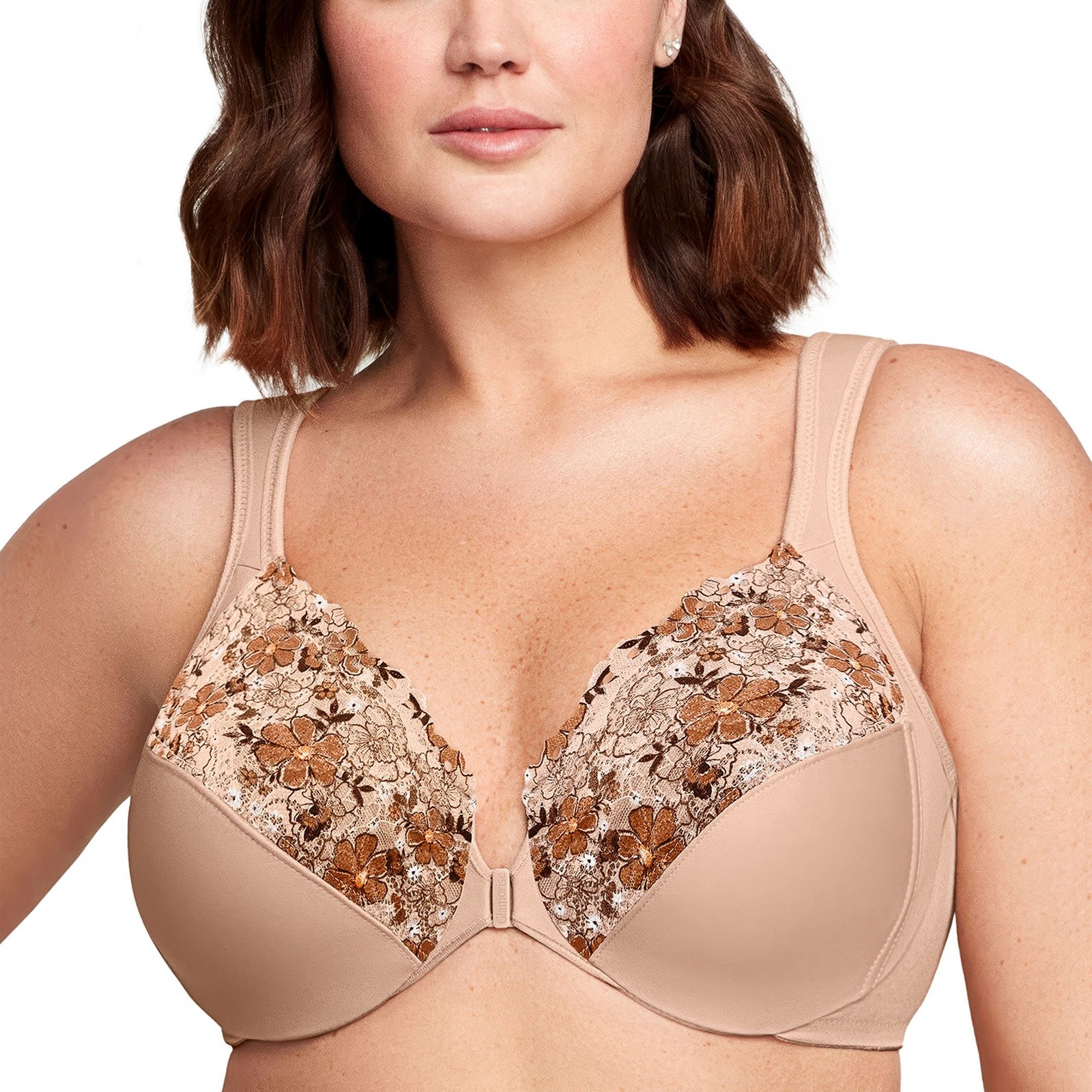 Glamorise Front-Close Wonderwire Bra (Size 44-B) Cafe/Multi, Elastine,Polyester