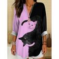 Blouse tunique pour femmes V avec col en V à manches longues boho décontractée tops d'été graphiques animaux chat vintage tropical tops réguliers à porter au quotidien imprimé noir et blanc jaune