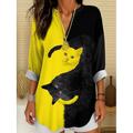 Blouse tunique pour femmes V avec col en V à manches longues boho décontractée tops d'été graphiques animaux chat vintage tropical tops réguliers à porter au quotidien imprimé noir et blanc jaune