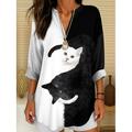 Blouse tunique pour femmes V avec col en V à manches longues boho décontractée tops d'été graphiques animaux chat vintage tropical tops réguliers à porter au quotidien imprimé noir et blanc jaune