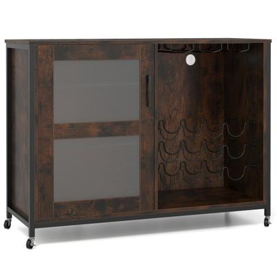 Costway Wine Bar Cabinet with LED Light and Adjustable Shelves-Rustic Brown