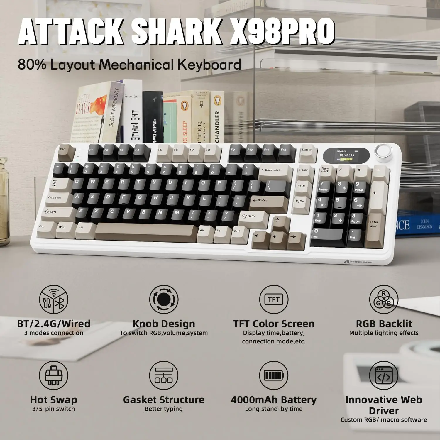 ATTACK SHARK X98Pro Kabellose mechanische Tastatur mit Bildschirm und Knopf, Tri-Mode-Dichtung, Hot-Swap-fähige RGB-Tastatur, Web-Driver Image