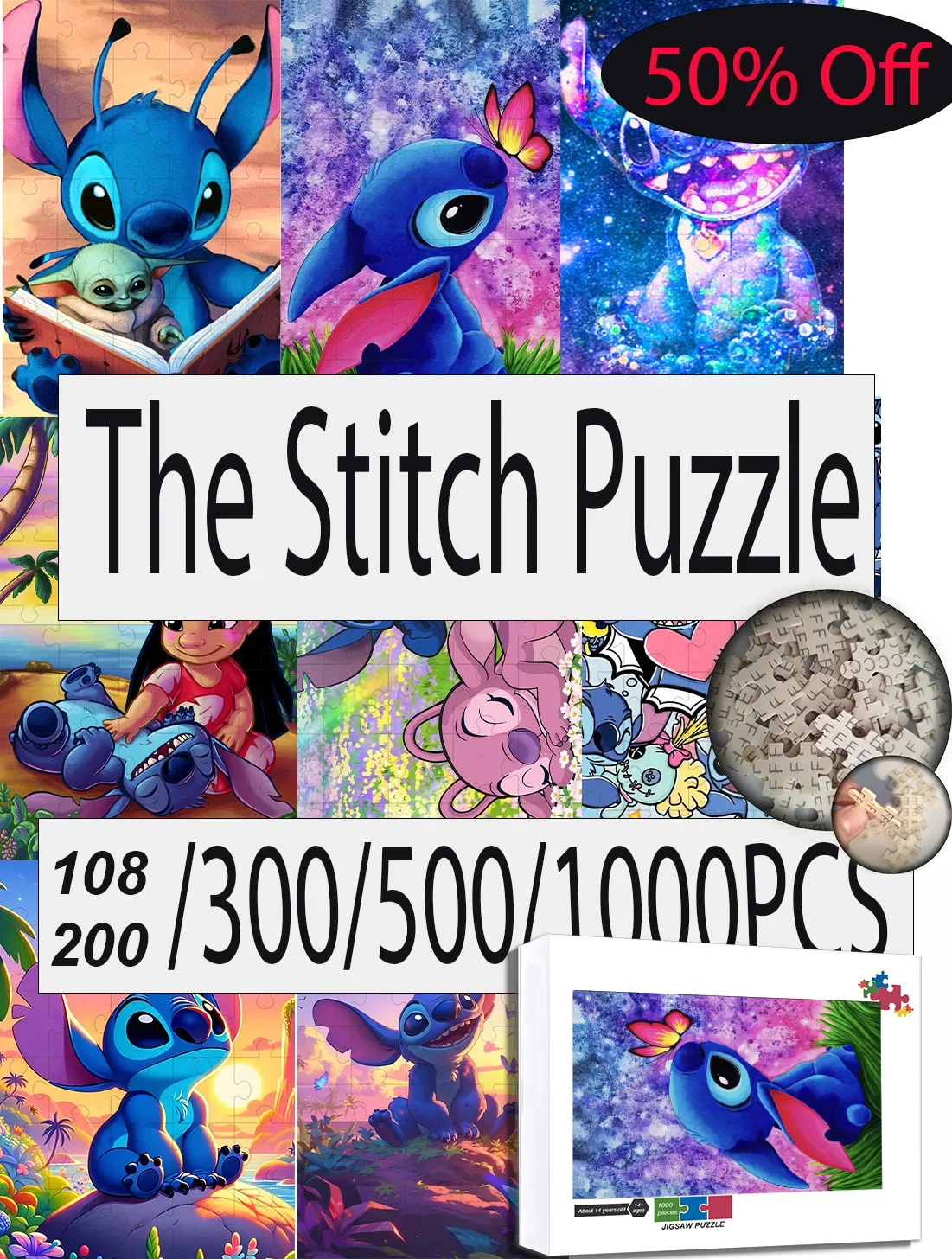 Disney Stitch Puzzle 108/200/300/500/1000 Teile Spiel Puzzle Spielzeug Geschenke Hochwertiges Holzbodenpuzzle Image