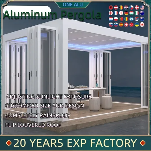 Pergola bioclimatique en aluminium, toit à persiennes rabattables automatiques avec stores à rouleaux LED, auvent de gazebo, porte en verre dans une cour de jardin