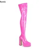 Rontic Damen Winter-Oberschenkelstiefel, Lackleder, Reißverschluss hinten, klobige Absätze, spitze Zehen, Fuchsia, Rot, Nachtclub-Schuhe, US-Größe 5–13