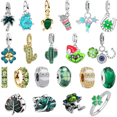 Green Series Charms 925 Sterling Silver Lucky Four Leaf Clover Beach Beads Ring Earrings Fit Original Bracelets Necklace Jewelry
