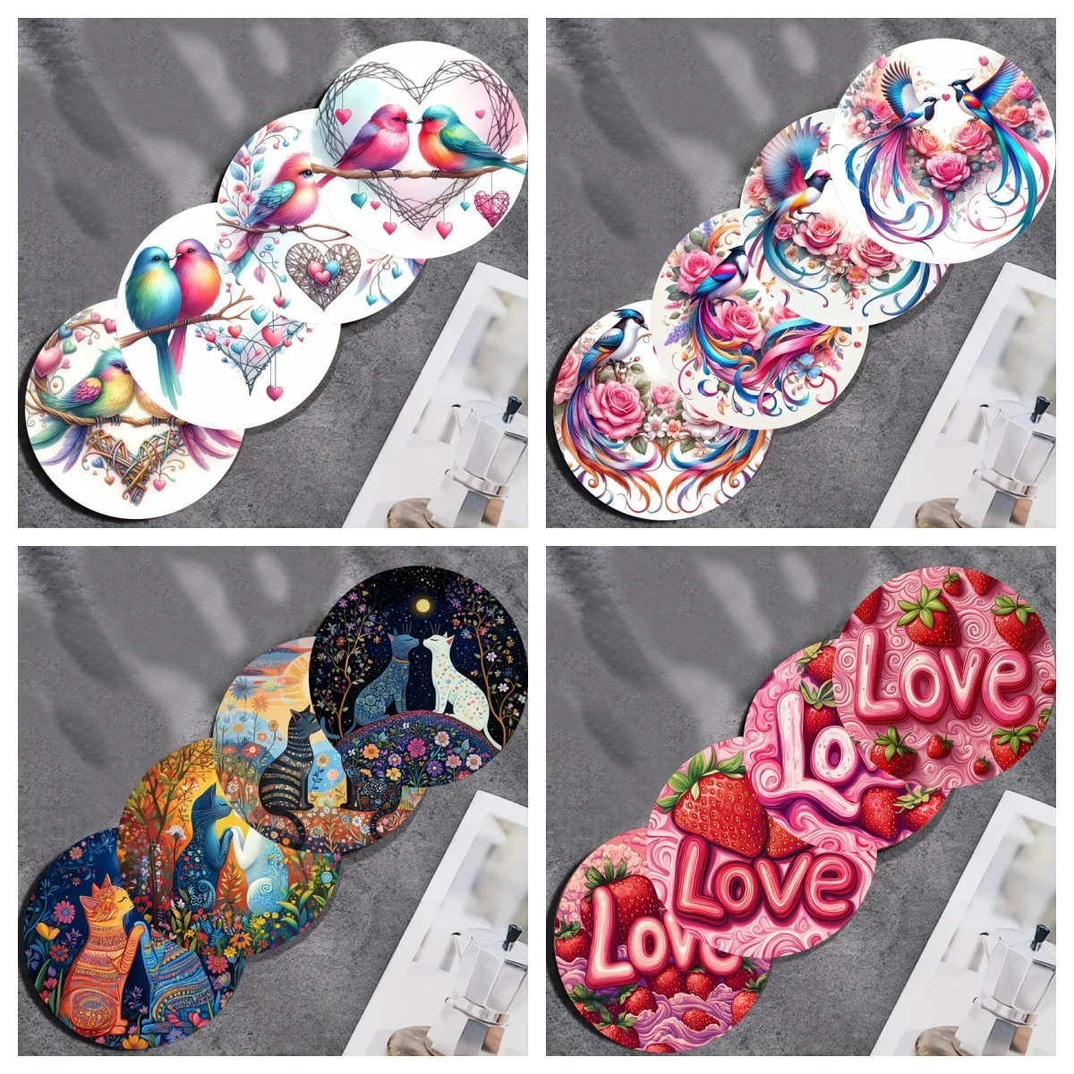 Gemusterte Kunstuntersetzer zum romantischen Valentinstag – 4-teiliges Set, rutschfeste Holzuntersetzer, geeignet für Wohnzimmer, Büros und Image