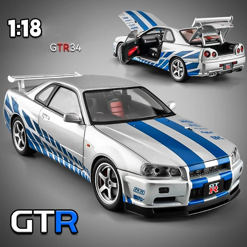 Große Größe, Maßstab 1:18, Nissan GT-R R34 Skyline, Legierungsautomodell, Druckguss-Spielzeugauto für Jungen, JDM-Rennwagen, Spielzeug, Geschenk, Sammlerstück, Hobby