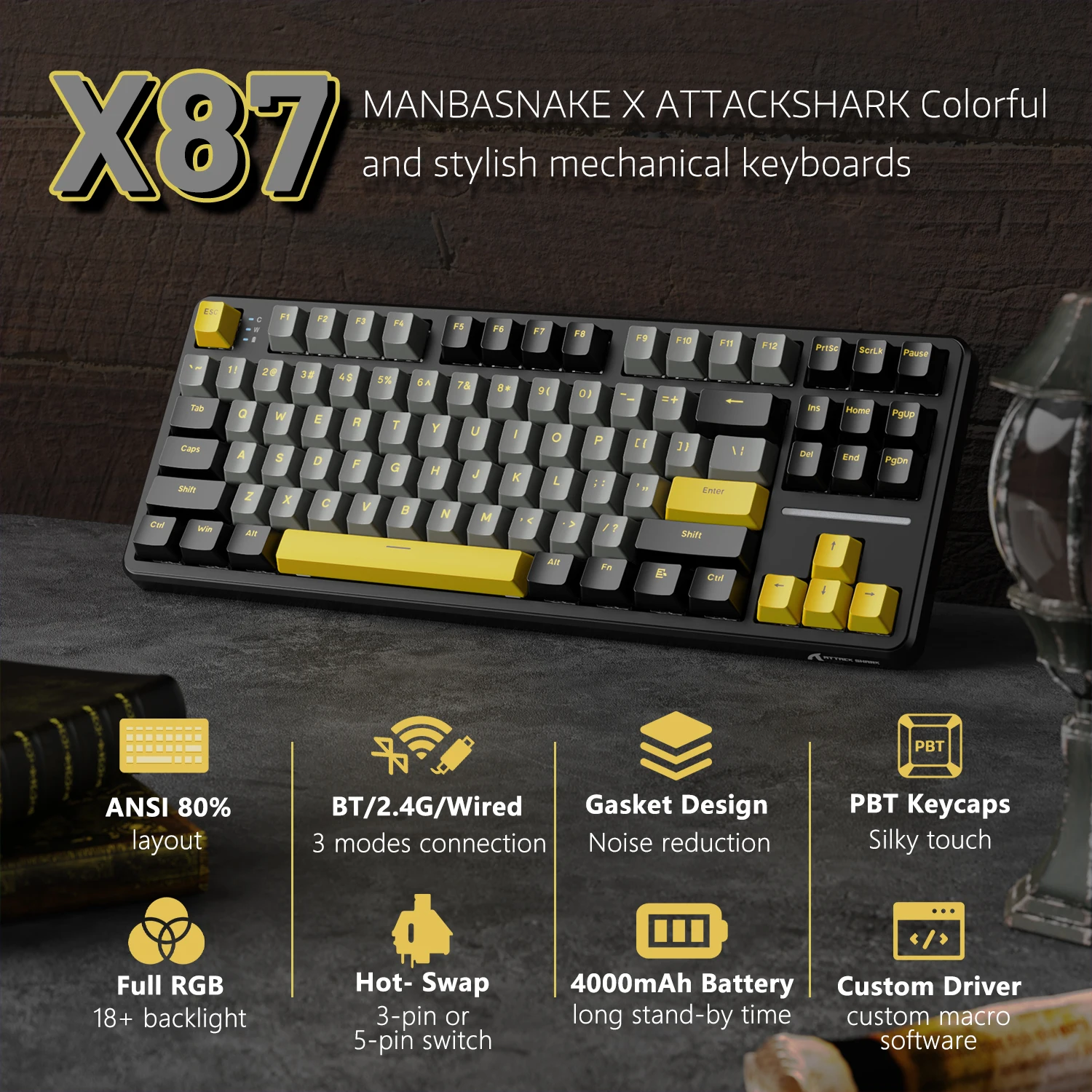 ATTACK SHARK X87 Kabellose mechanische Gaming-Tastatur, Tri-Mode BT5.0/2,4 GHz/USB-C-Dichtung, Hot-Swap-fähige benutzerdefinierte Tastatur, Pre-Lube Image