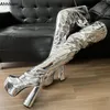 Ahhlsion Neue Damen-Frühlings-Oberschenkelstiefel mit seitlichem Reißverschluss, klobige Absätze, runde Zehen, schöne Silber-Gold-Cosplay-Schuhe für Damen, US-Größe 5–20