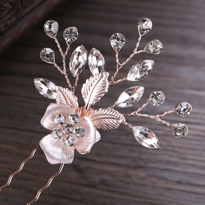 Rose Gold Farbe Handgemachte Luxus Kristall Blume Haarnadeln Blatt Braut Haar Pin Clip Für Hochzeit Party Frauen Haar Zubehör Image