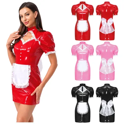 Frauen Halloween Thema Party Maid Cosplay Kostüm Glänzende PU Spitzenbesatz Schürze Figurbetontes Kleid mit abnehmbarer Schleife Clubwear Nachtwäsche Image