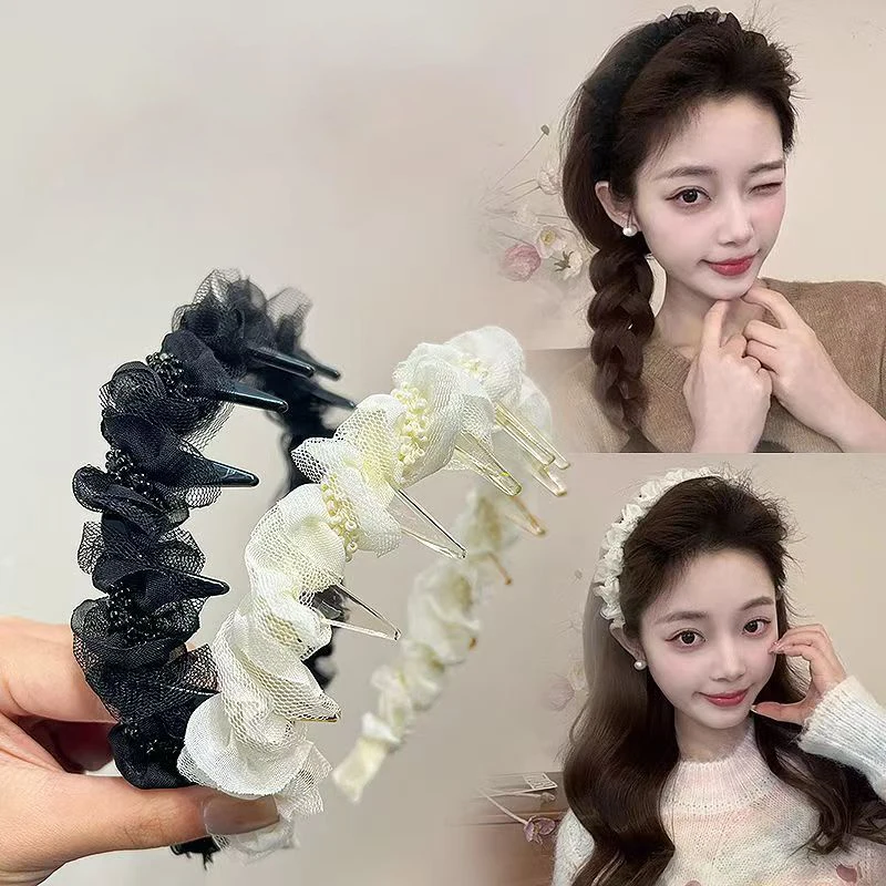 Mesh-Perlen-Stirnband, klassisches schwarz-weißes Stirnband, eleganter weiblicher All-Match-Haarschmuck Image