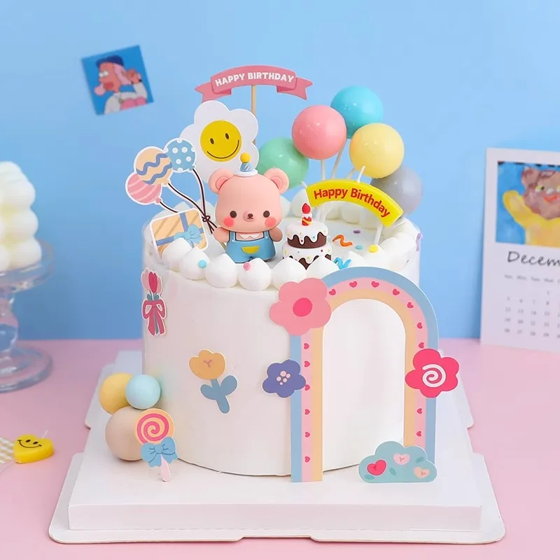 Kinder Cartoon Kuchen Topper Set Blau Rosa Party Hüte Bär Figuren für Baby Dusche Geschlecht offenbaren Geburtstag Party Dekorationen Image