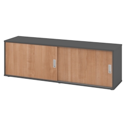 bümö Lowboard Schiebetürenschrank in Graphit/Nussbaum - Büromöbel Sideboard aus Holz, 160 cm breit, Büroschrank nur 40 cm schmal, Büro Schrank mit Image
