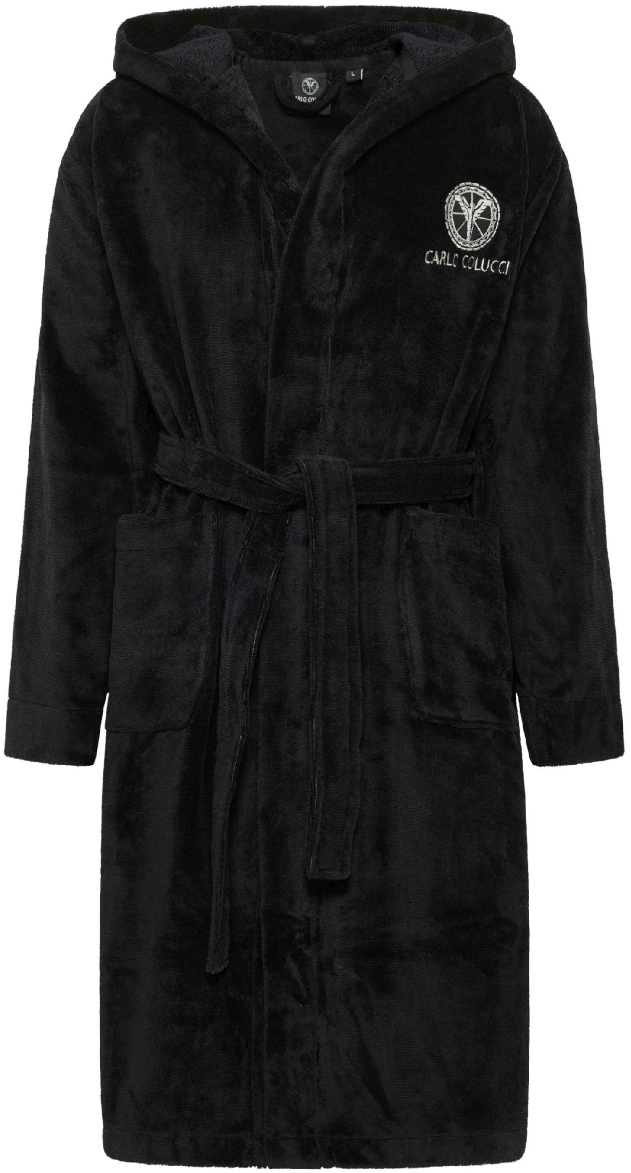 Bademantel CARLO COLUCCI "Kapuzen-Bademantel für Herren aus weicher Baumwolle" Gr. XXL, schwarz, L:120cm, Frottier, Hausmäntel, MADE IN GREEN by OEKO-TEX Image