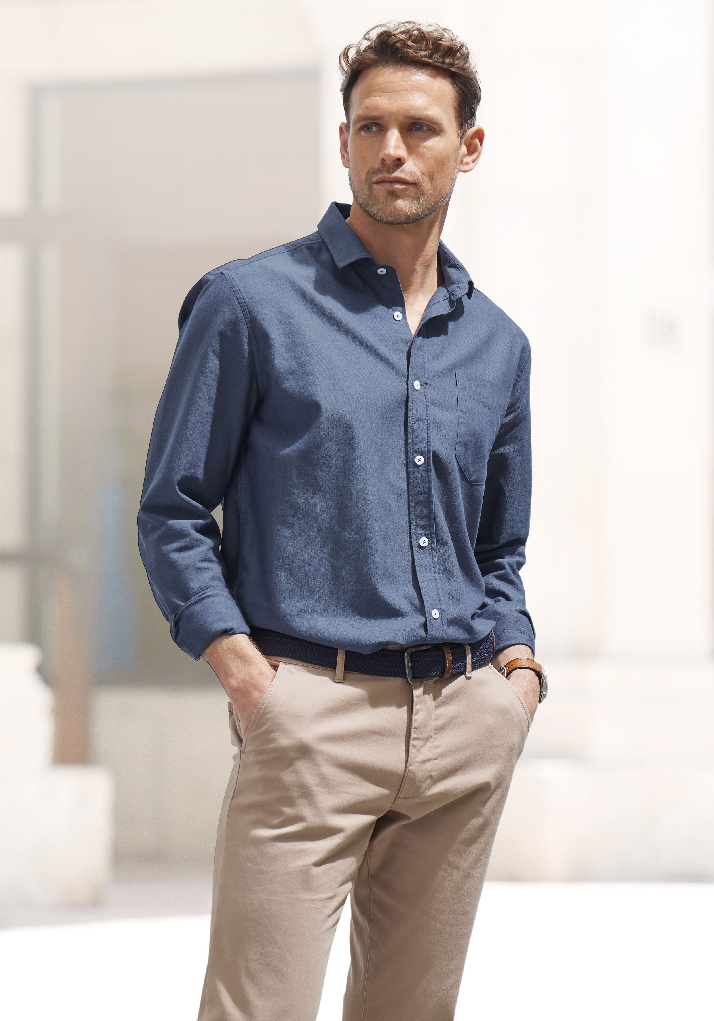 Langarmhemd H.I.S, Herren, Gr. XXXL (47/48), N-Gr, blau (dunkelblau), Web, Obermaterial: 100% Baumwolle, unifarben, regular fit, Rundhals, Manschette, Hemden, mit Kentkragen, Oxford-Qualität aus reiner Baumwolle