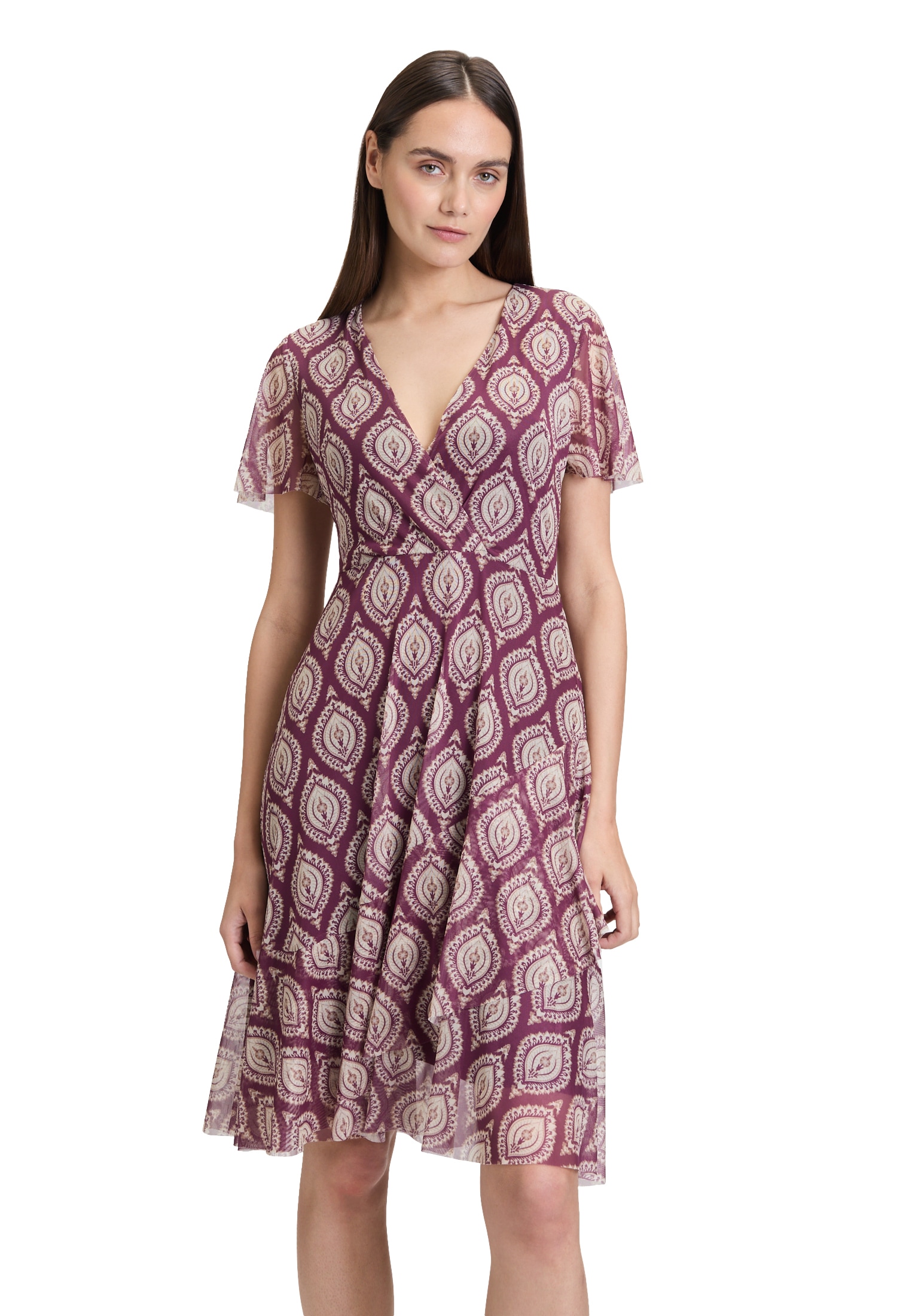 Volantkleid CARTOON "Damen mit Rüschen", Damen, Gr. 36, Normalgrößen, lila (lila, schwarz), Obermaterial: 95% Polyester, 5% Elasthan; Futter: 95% Viskose, 5% Elasthan, figurbetont kurz, V-Ausschnitt, Kleider