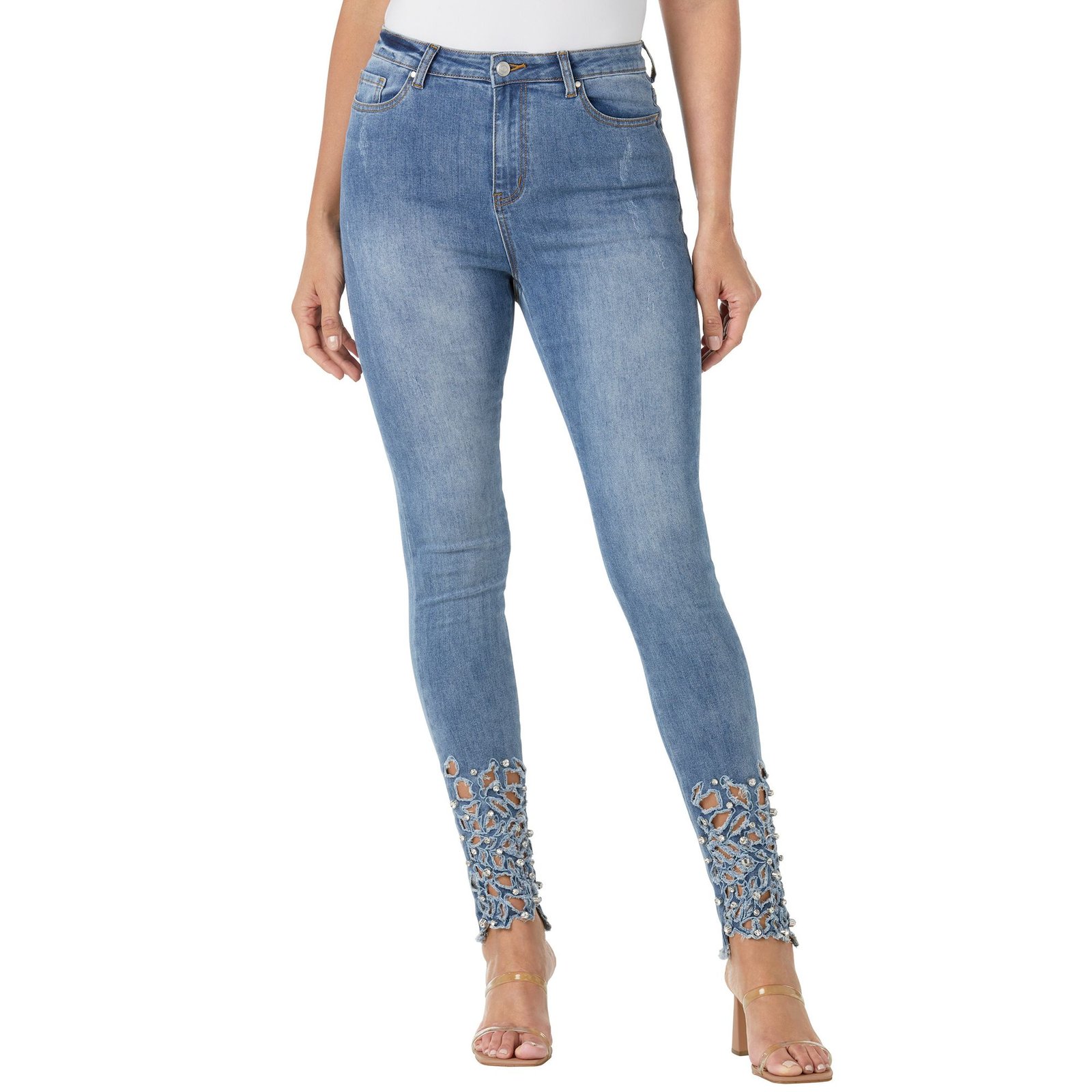 Masseys Cutout Rhinestone Skinny Jean (Size 30W) Medium Wash, Cotton,Polyester,Spandex