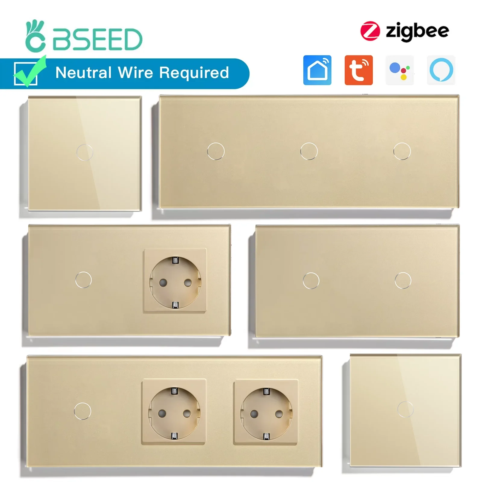 BSEED zigbee 1/2/3Gang Smart Touch Schalter Tuya Smart Life App Steuerung Plus Normale Steckdosen EU Standard Neutral Erforderlich Image