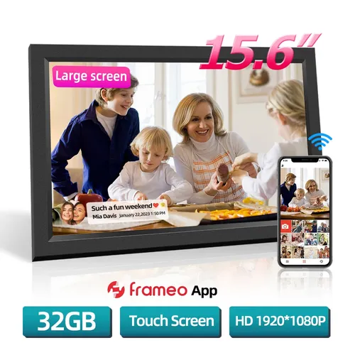 Cadre photo numérique WIFI 15,6 pouces, écran tactile haute définition IPS 1920x1080, cadre photo intelligent LAN sans fil 32 go