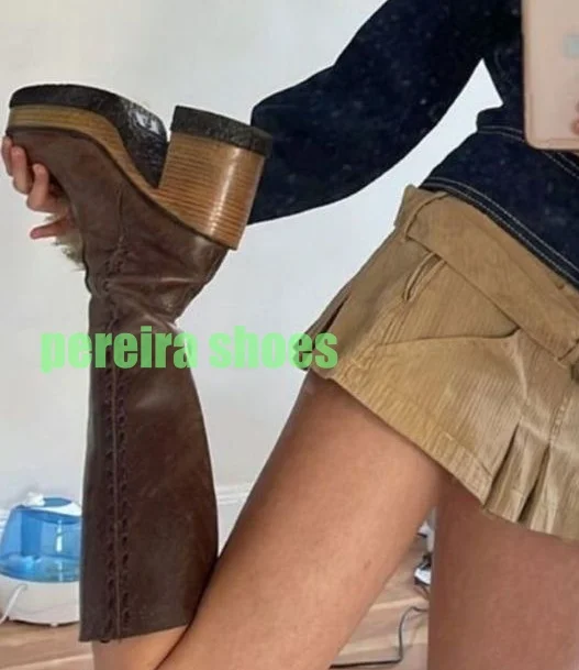 Damen-Kniestiefel im Vintage-Stil mit klobigem Absatz, Reißverschluss, Retro-Stil, Farbe, Plattform, braune Stiefel, Runway, neu eingetroffen, Schuhe, Stiefel, Größe 34–46