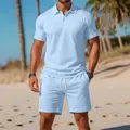 Set da due pezzi per sport da spiaggia casual da uomo d'affari, set di pantaloncini sportivi in vita elastica con coulisse, top con risvolto per controllo accessi con bottoni