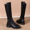 Schwarze Pu-Leder-Kniestiefel für Damenschuhe, Metallschnalle, Dekoration, neue Mode, Outdoor, lange Botas, Damenschuhe, Größe 34–41
