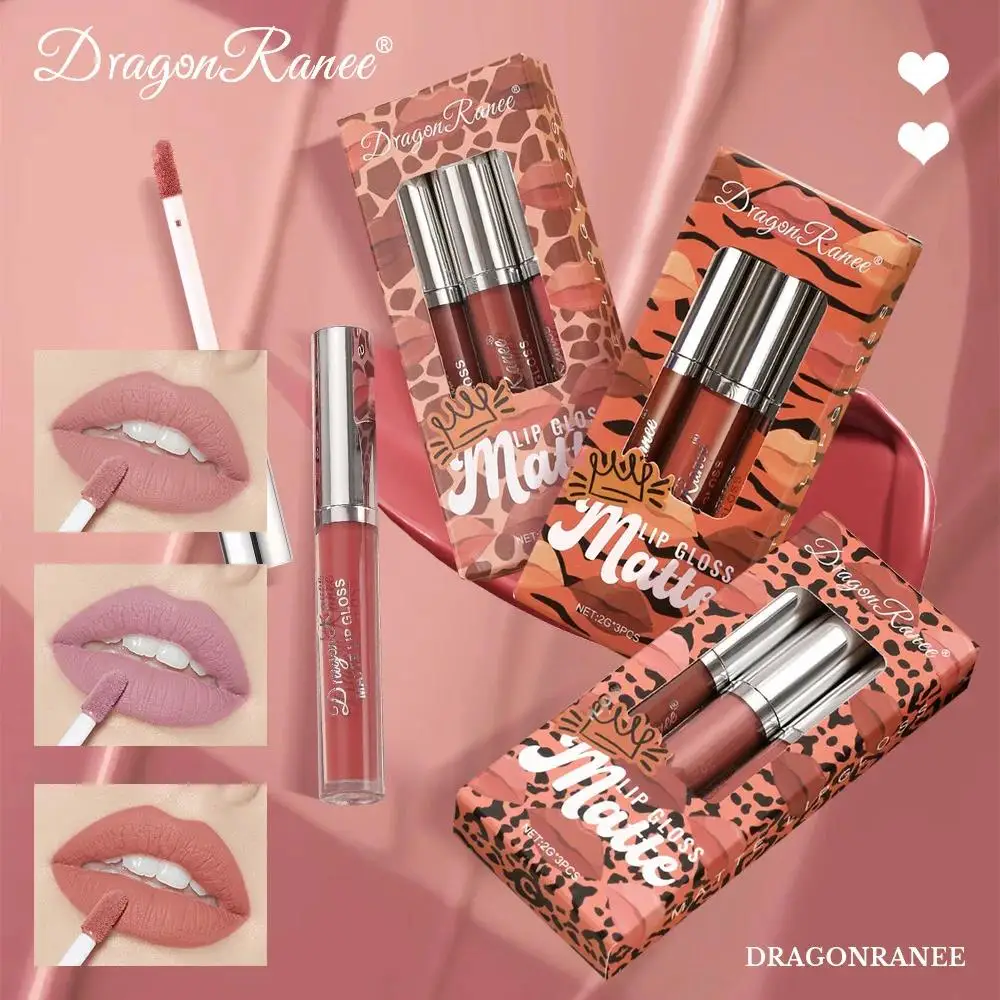 3er-Pack mattes Lipgloss-Set, antihaftbeschichtet, flüssiger Lippenstift, langlebig, bequem, Geschenkbox mit 3 Farben für Frauen Image