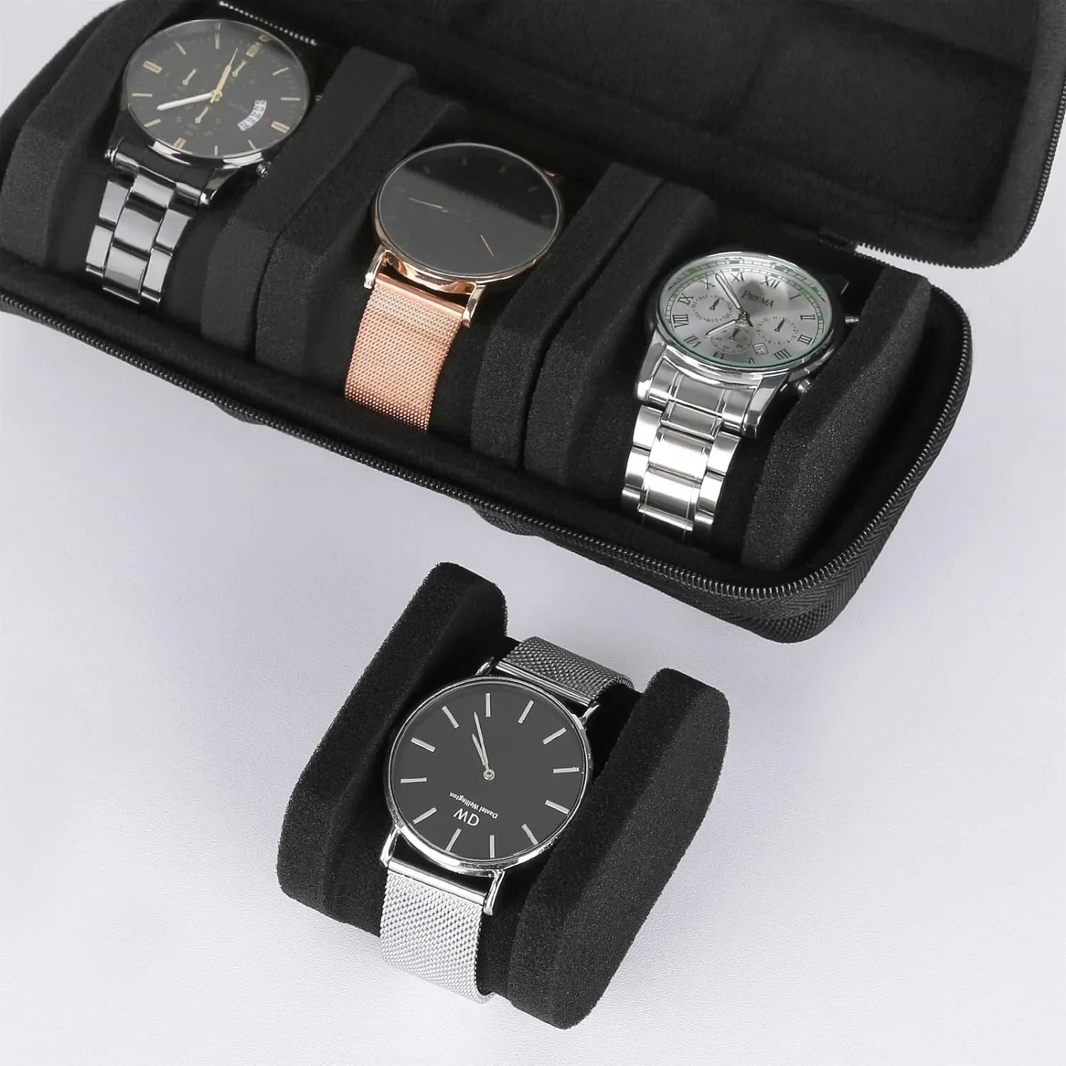 Tragbare Uhren-Organizer-Box mit 3 Fächern, wasserdichter Reißverschluss, Reise-Tragetasche, EVA-Aufbewahrungstasche für Smartwatch-Armbanduhr-Box Image