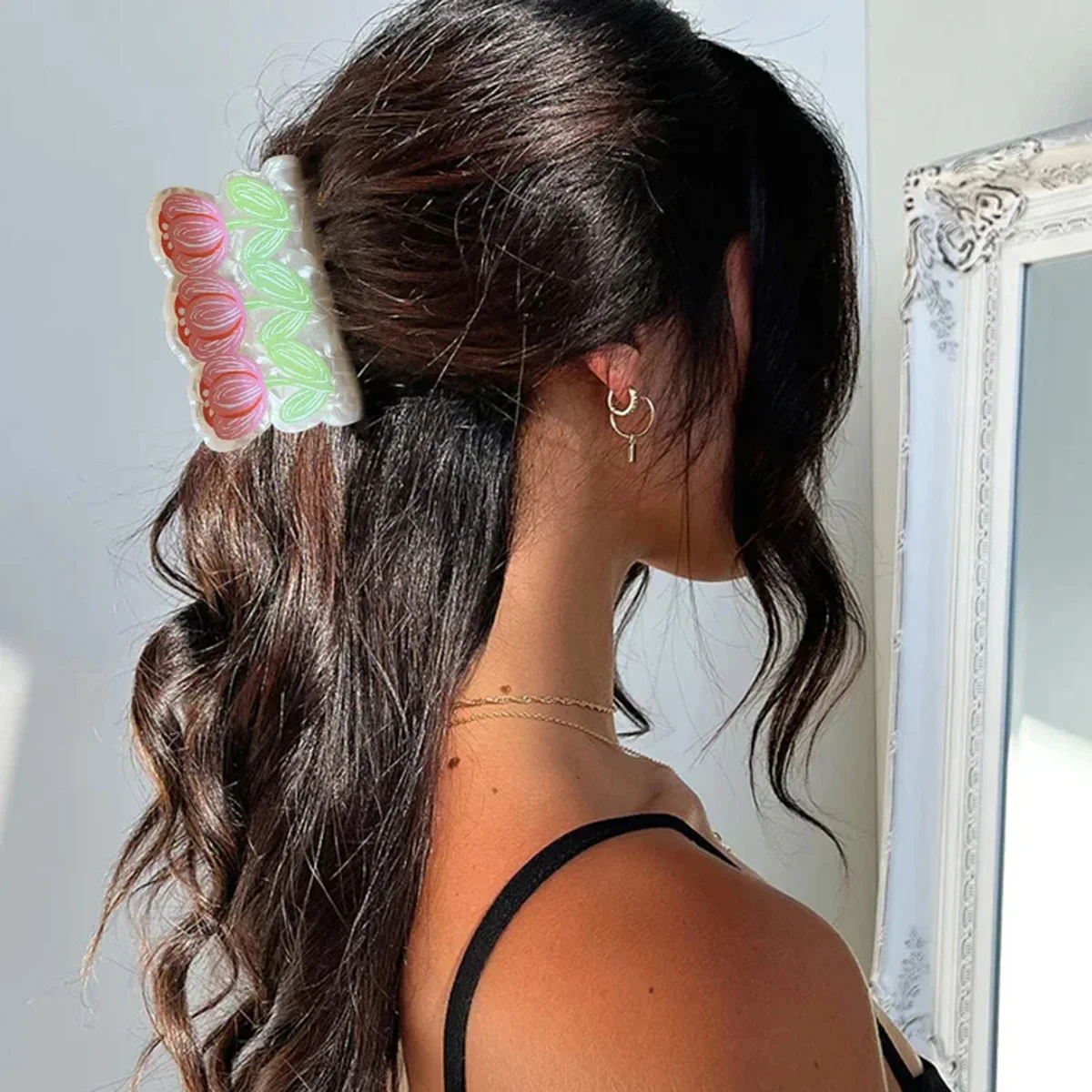 Mode Frühling Rosa Rote Tulpen Blumen Haar Clip Klaue Acetat Shark Clip Grabber Essigsäure Haarnadel Frauen Mädchen Haar Zubehör Image