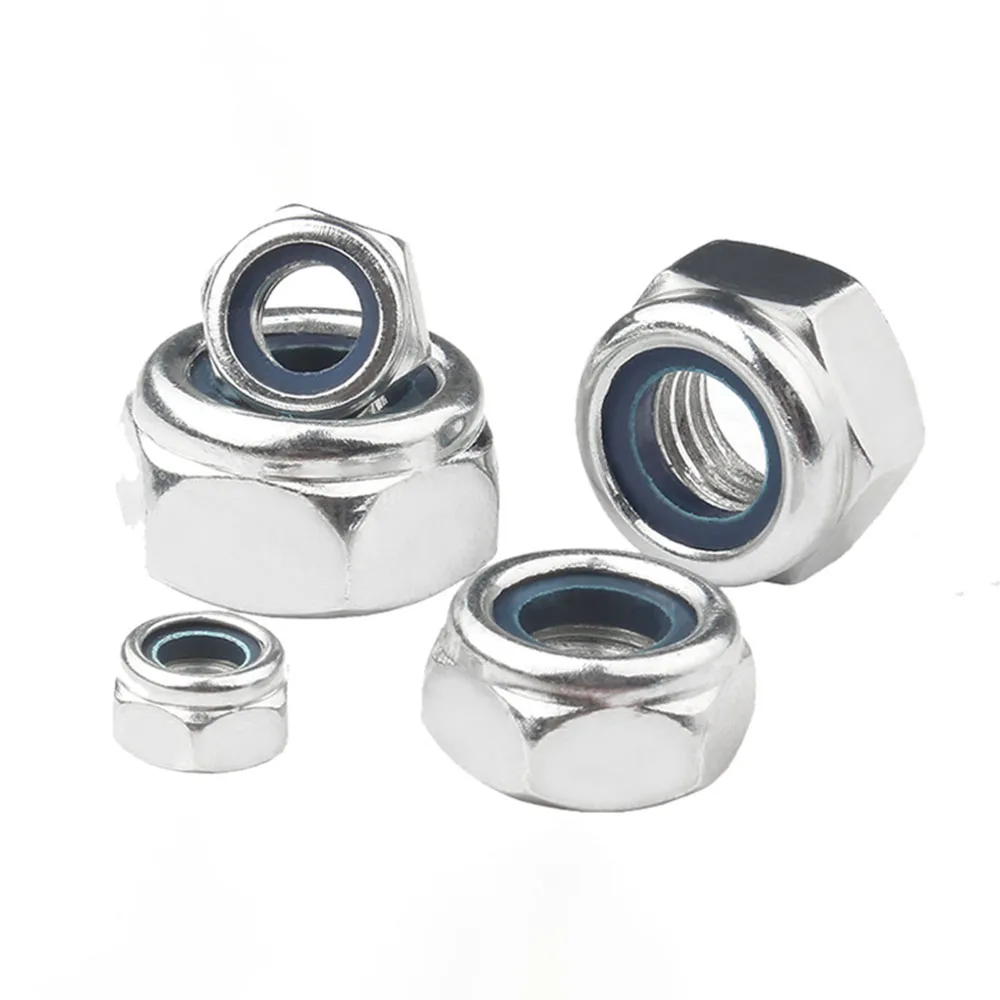 10/20 Stück 304 Edelstahl Sechskant-Nylon-Sicherungsmuttern M3 M4 M5 M6 M8 A2-70 Sechskant-Sechskant selbstsichernde Mutter Sicherungsmuttern Hardware-Zubehör Image