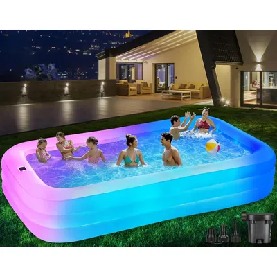 Inflatable Pool with Lights, 130"x72"x22" Solar Inflatable Swimming Pool with Air Pump for Kids, Adults, Family, 7 Color Large B