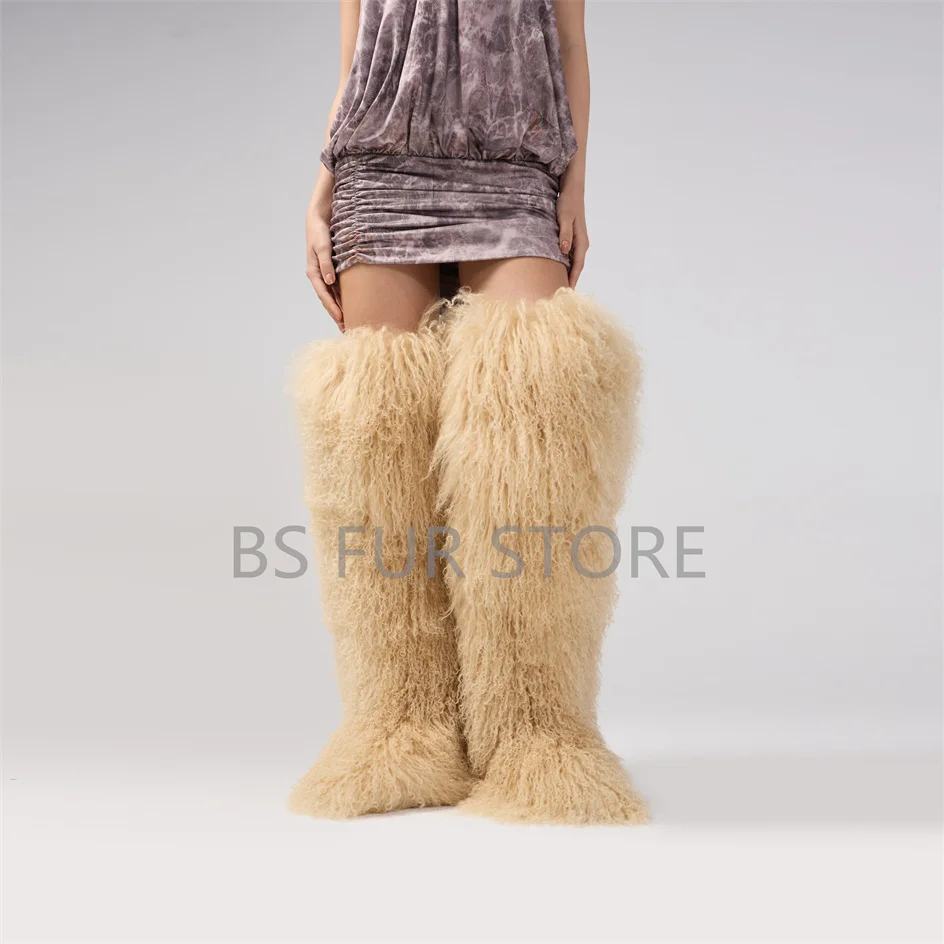 72cm Winter Boots Furry Shoes Women Fur snow Boots Fluffy Warm Fur Wool Boots Plush Fashion Boots Ladies Mongolian Fur Boot
