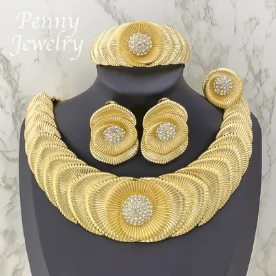 Round Flower Luxury Big Choker Gold Plated Jewelry Set Rhinestone Necklace Drop Earrings Bracelet Ring Bridal Wedding Party Gift
