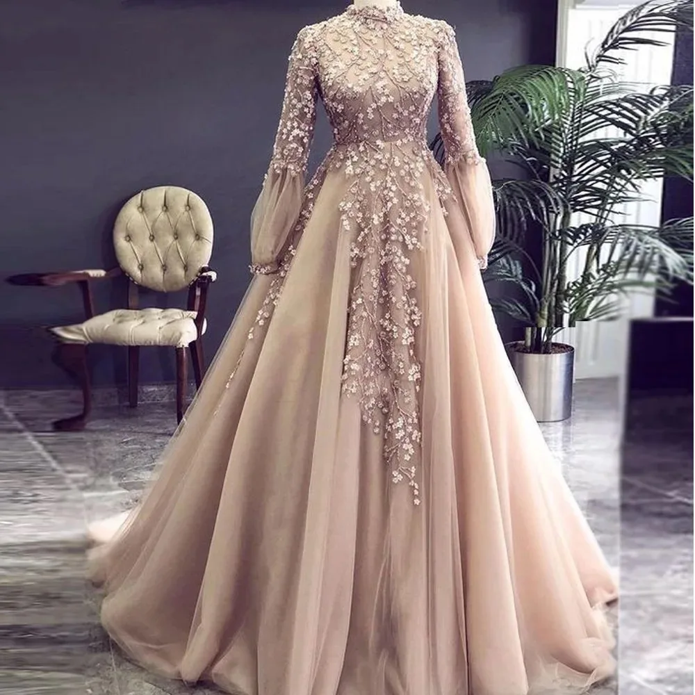 Arabic Champagne Muslim Wedding Party Dresses Appliques Flowers Beading Evening DressLong Sleeves Formal Prom Dress Customized